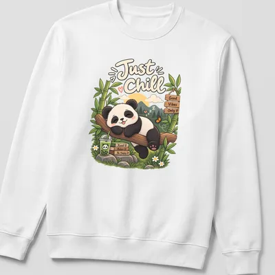 Kawaii panda design with text promoting good vibes and relaxation — printed on a unisex sweatshirt
