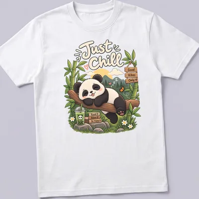 Kawaii panda design with text promoting good vibes and relaxation