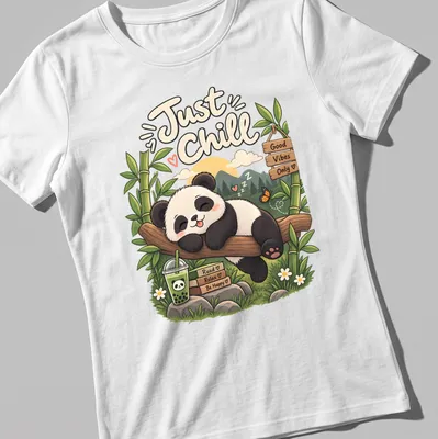 Kawaii panda design with text promoting good vibes and relaxation — printed on a women's shirt