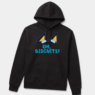 Cartoon design of peeking dog ears with text reading 'OH, BISCUITS!' in various colors — printed on a unisex hoodie