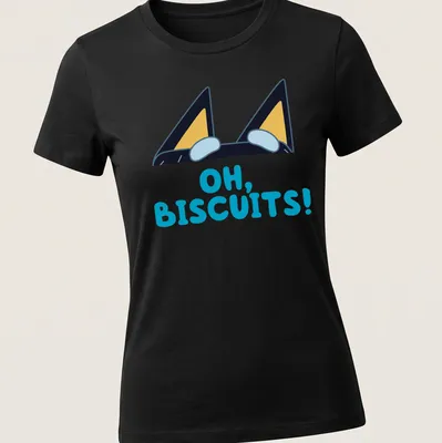 Cartoon design of peeking dog ears with text reading 'OH, BISCUITS!' in various colors — printed on a women's shirt