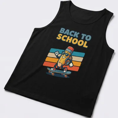 Cartoon pencil skater with 'Back to School' text, colorful design — printed on a tank top