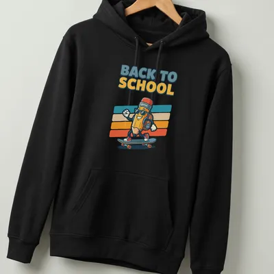 Cartoon pencil skater with 'Back to School' text, colorful design — printed on a unisex hoodie