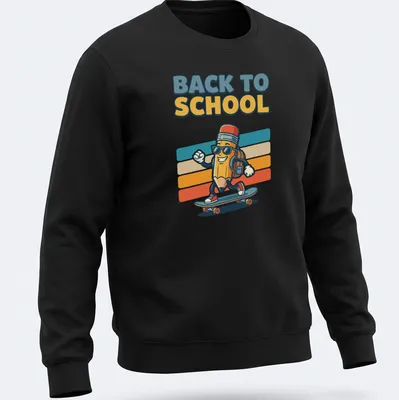Cartoon pencil skater with 'Back to School' text, colorful design — printed on a unisex sweatshirt