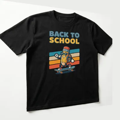 Cartoon pencil skater with 'Back to School' text, colorful design — printed on a unisex t-shirt (angled view)