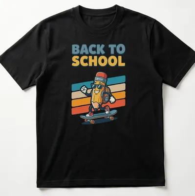 Cartoon pencil skater with 'Back to School' text, colorful design