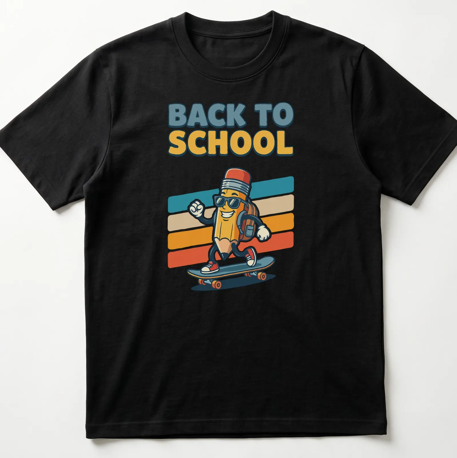 Cartoon pencil skater with 'Back to School' text, colorful design — printed on a unisex t-shirt