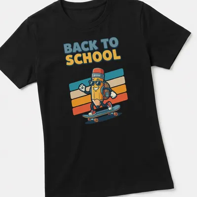 Cartoon pencil skater with 'Back to School' text, colorful design — printed on a women's shirt
