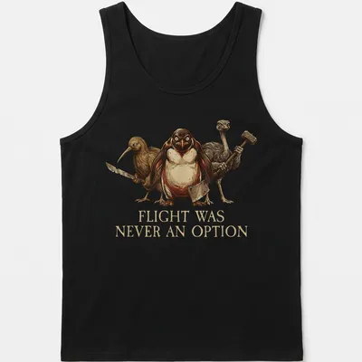 Illustrative design of penguins and flightless birds with the phrase 'Flight Was Never An Option' in earthy tones — printed on a tank top