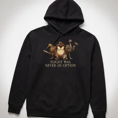 Illustrative design of penguins and flightless birds with the phrase 'Flight Was Never An Option' in earthy tones — printed on a unisex hoodie