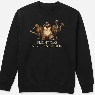 Illustrative design of penguins and flightless birds with the phrase 'Flight Was Never An Option' in earthy tones — printed on a unisex sweatshirt