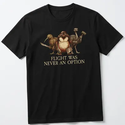 Illustrative design of penguins and flightless birds with the phrase 'Flight Was Never An Option' in earthy tones