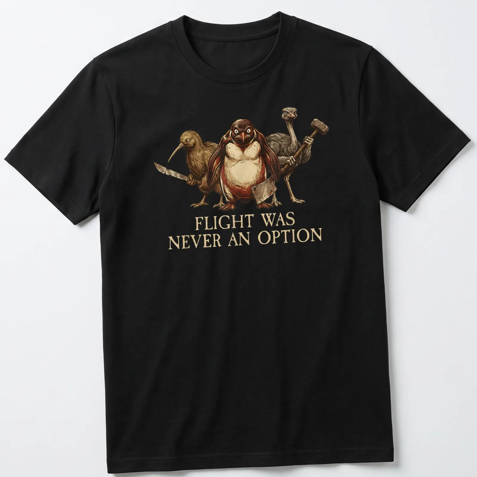 Illustrative design of penguins and flightless birds with the phrase 'Flight Was Never An Option' in earthy tones — printed on a unisex t-shirt