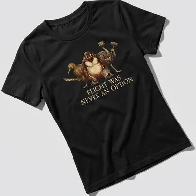 Illustrative design of penguins and flightless birds with the phrase 'Flight Was Never An Option' in earthy tones — printed on a women's shirt