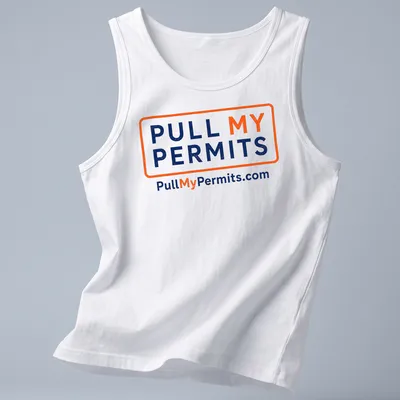 Bold typography shirt with the text Pull My Permits and website — printed on a tank top