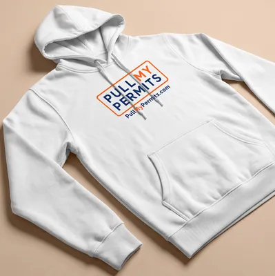 Bold typography shirt with the text Pull My Permits and website — printed on a unisex hoodie