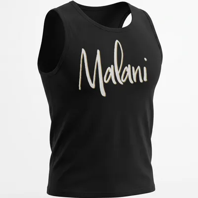 Elegant personalized T-shirt with script design spelling 'Malani' in gold — printed on a tank top