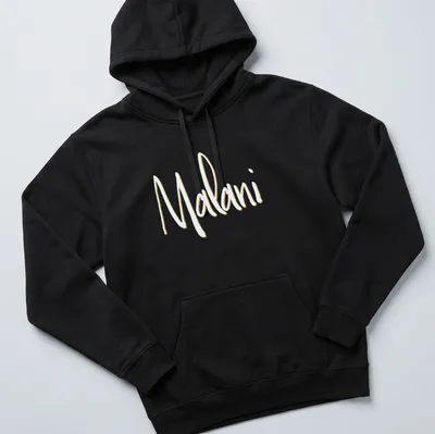 Elegant personalized T-shirt with script design spelling 'Malani' in gold — printed on a unisex hoodie