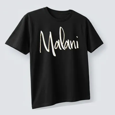 Elegant personalized T-shirt with script design spelling 'Malani' in gold — printed on a unisex t-shirt (angled view)