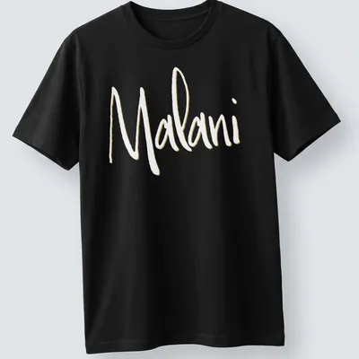 Elegant personalized T-shirt with script design spelling 'Malani' in gold — printed on a unisex t-shirt