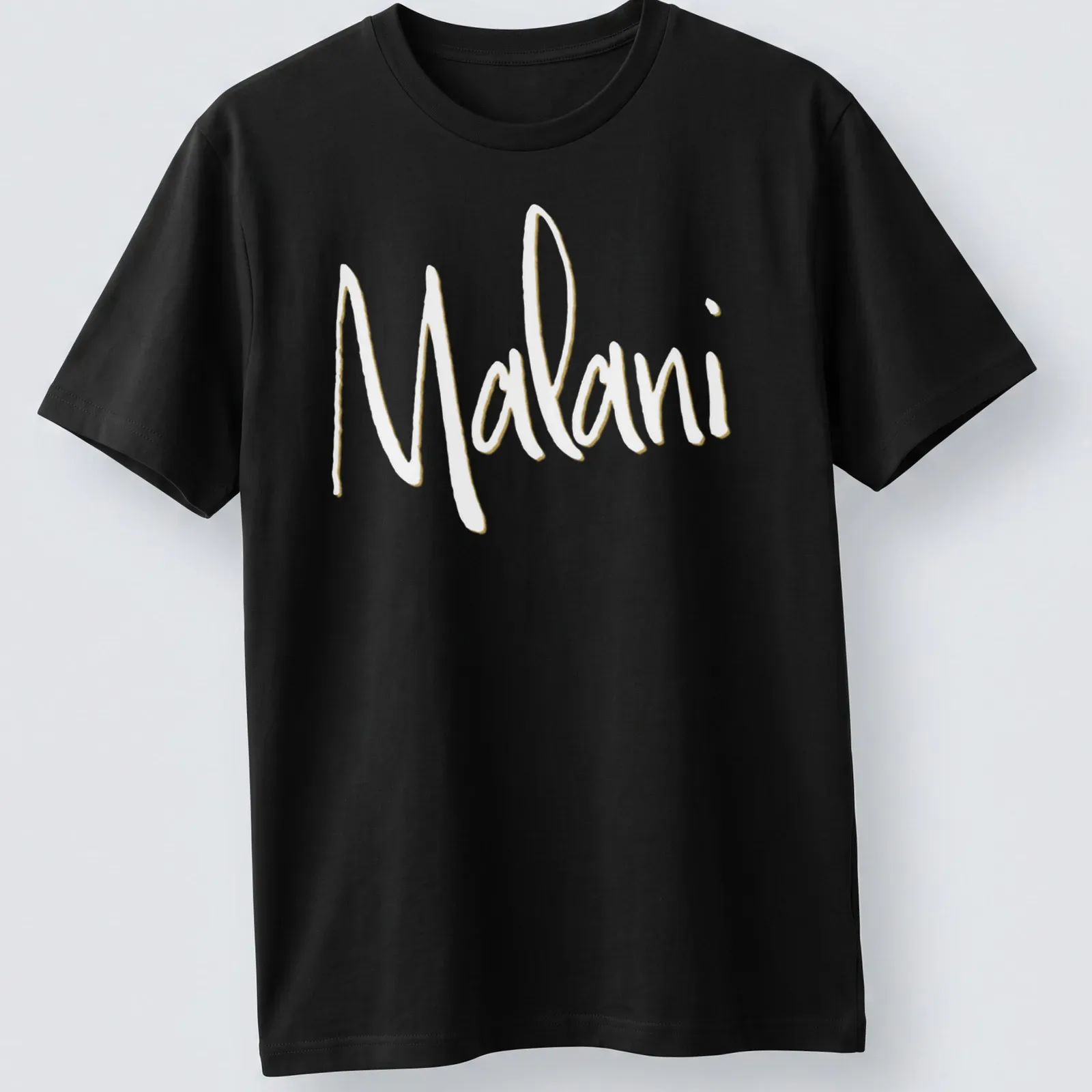 Elegant personalized T-shirt with script design spelling 'Malani' in gold — printed on a unisex t-shirt
