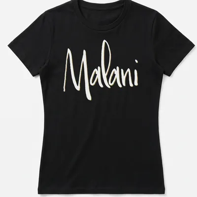 Elegant personalized T-shirt with script design spelling 'Malani' in gold — printed on a women's shirt