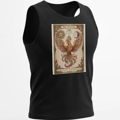 Art Nouveau style Phoenix Tarot design in gold, orange, red, blue, and cream — printed on a tank top
