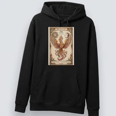 Art Nouveau style Phoenix Tarot design in gold, orange, red, blue, and cream — printed on a unisex hoodie