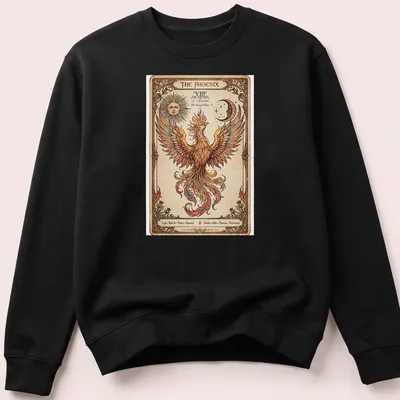 Art Nouveau style Phoenix Tarot design in gold, orange, red, blue, and cream — printed on a unisex sweatshirt