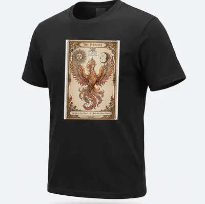 Art Nouveau style Phoenix Tarot design in gold, orange, red, blue, and cream