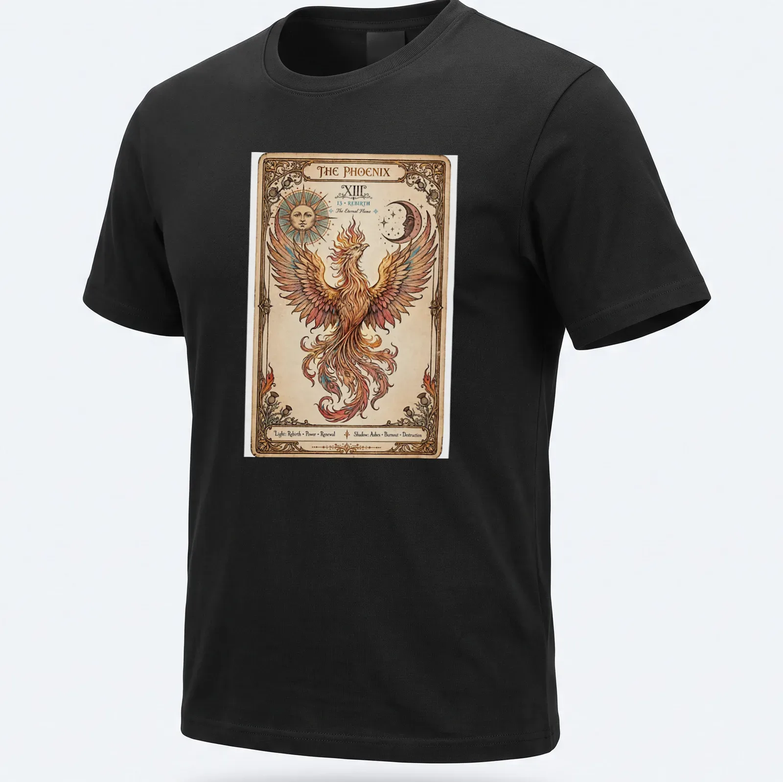 Art Nouveau style Phoenix Tarot design in gold, orange, red, blue, and cream — printed on a unisex t-shirt