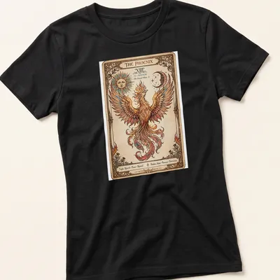 Art Nouveau style Phoenix Tarot design in gold, orange, red, blue, and cream — printed on a women's shirt