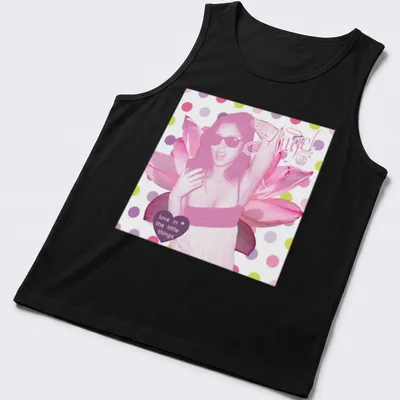 Pop art Pink Angel with sunglasses and lotus flowers wearing text about love — printed on a tank top