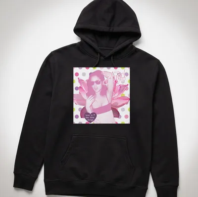 Pop art Pink Angel with sunglasses and lotus flowers wearing text about love — printed on a unisex hoodie