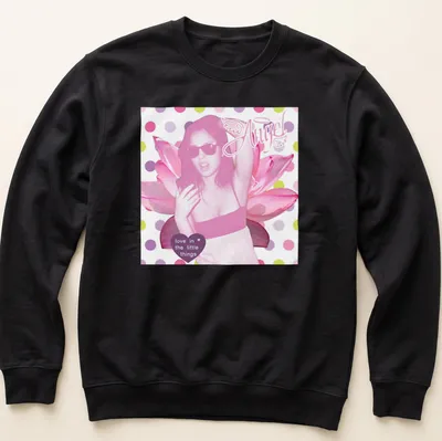 Pop art Pink Angel with sunglasses and lotus flowers wearing text about love — printed on a unisex sweatshirt