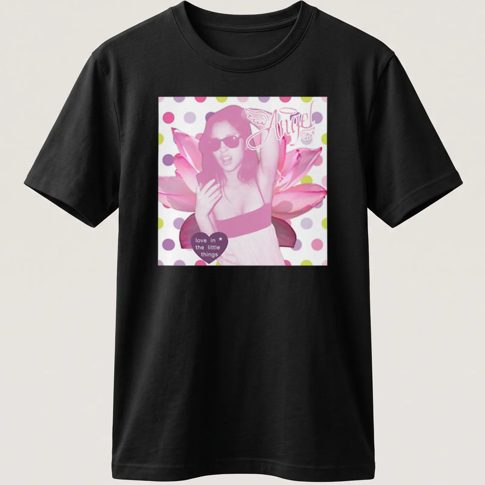 Pop art Pink Angel with sunglasses and lotus flowers wearing text about love — printed on a unisex t-shirt