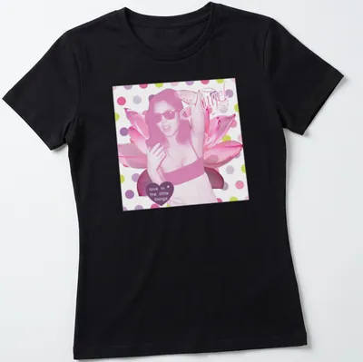 Pop art Pink Angel with sunglasses and lotus flowers wearing text about love — printed on a women's shirt