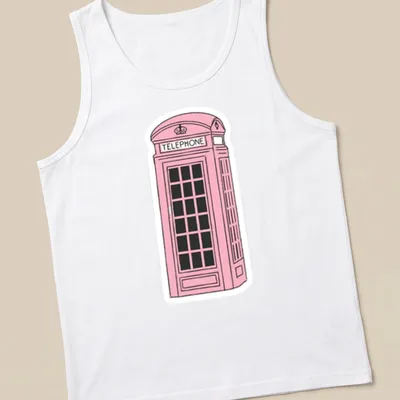 Illustration of a pink London phone booth with the word 'TELEPHONE' above it — printed on a tank top