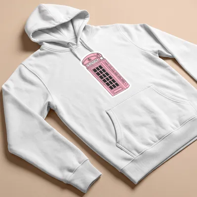 Illustration of a pink London phone booth with the word 'TELEPHONE' above it — printed on a unisex hoodie