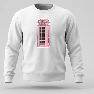 Illustration of a pink London phone booth with the word 'TELEPHONE' above it — printed on a unisex sweatshirt