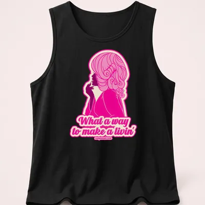 Retro style t-shirt featuring a pink silhouette woman with text below — printed on a tank top