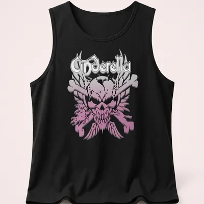 Gothic style t-shirt featuring Cinderella text with skull and crossbones in pink, black, and white. — printed on a tank top