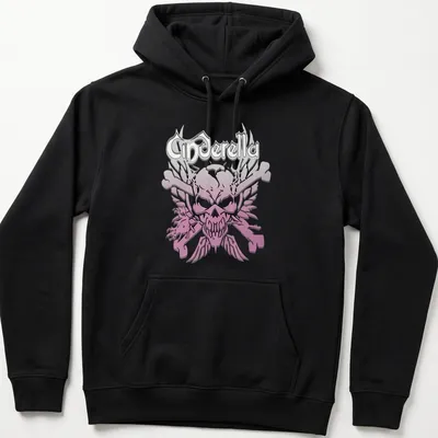 Gothic style t-shirt featuring Cinderella text with skull and crossbones in pink, black, and white. — printed on a unisex hoodie