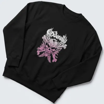 Gothic style t-shirt featuring Cinderella text with skull and crossbones in pink, black, and white. — printed on a unisex sweatshirt