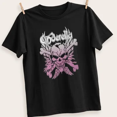 Gothic style t-shirt featuring Cinderella text with skull and crossbones in pink, black, and white.