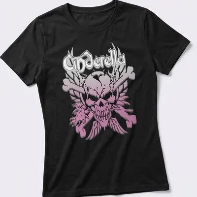 Gothic style t-shirt featuring Cinderella text with skull and crossbones in pink, black, and white. — printed on a women's shirt