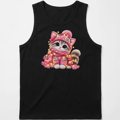 Kawaii pink winter kitten t-shirt with text Stay Cozy above the cat — printed on a tank top