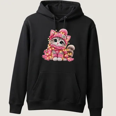 Kawaii pink winter kitten t-shirt with text Stay Cozy above the cat — printed on a unisex hoodie