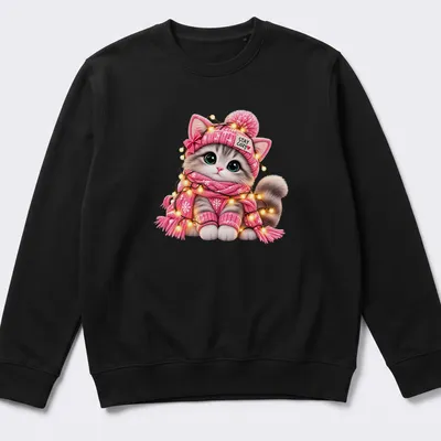 Kawaii pink winter kitten t-shirt with text Stay Cozy above the cat — printed on a unisex sweatshirt