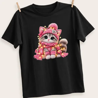 Kawaii pink winter kitten t-shirt with text Stay Cozy above the cat — printed on a unisex t-shirt